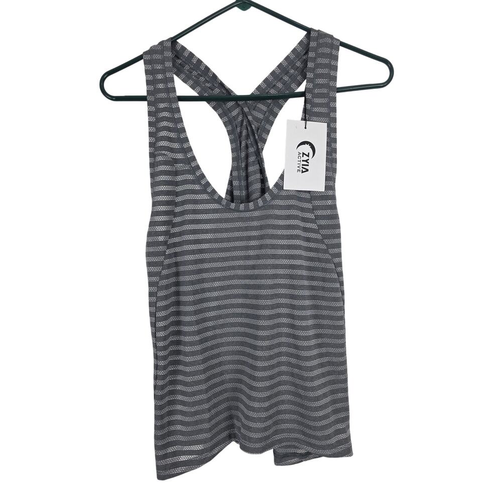 Zyia‎ Active Nimbus Split Back Tank Top XL Womens Gray Striped Pullover NWT